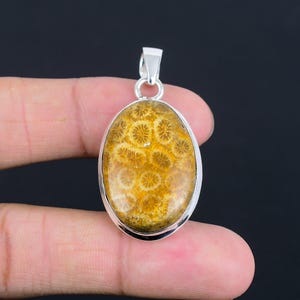 Fossil Coral 925 Sterling Silver Pendant - Handmade Gemstone Jewelry