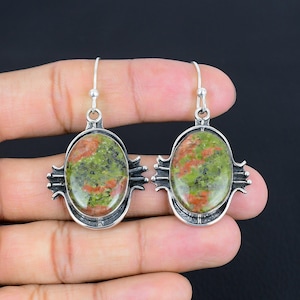 Handmade Unakite Gemstone Earrings: 925 Sterling Silver Dangle Jewelry