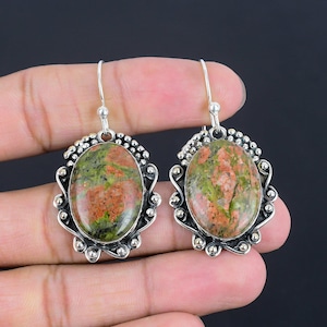 Handmade Unakite Gemstone Earrings: 925 Sterling Silver Dangle Jewelry
