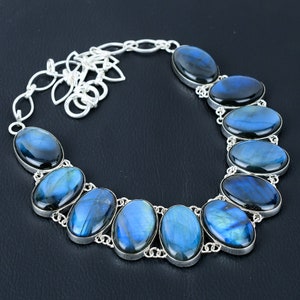 Oval Labradorite Necklace: Handmade 925 Sterling Silver, Adjustable
