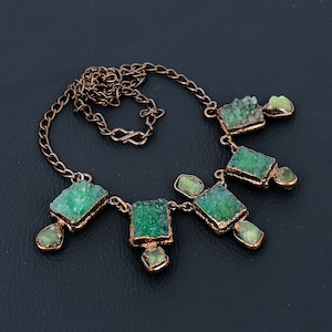 Handmade Electroformed Copper Necklace: Green Druzy & Aquamarine