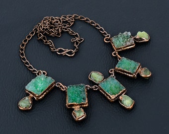 Handmade Electroformed Copper Necklace: Green Druzy & Aquamarine