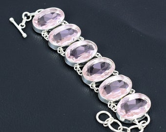 Pulseira de Kunzita Rosa Facetada: Prata de Lei 925, Ajustável, Estilo Antigo