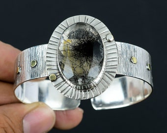 Handmade Black Rutile Gemstone Bangle: 925 Sterling Silver Adjustable Cuff