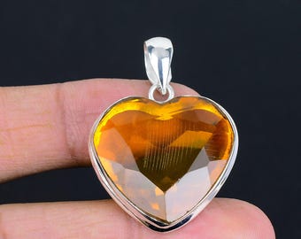 Colgante de corazón de citrino facetado: joyería artesanal de plata de ley 925