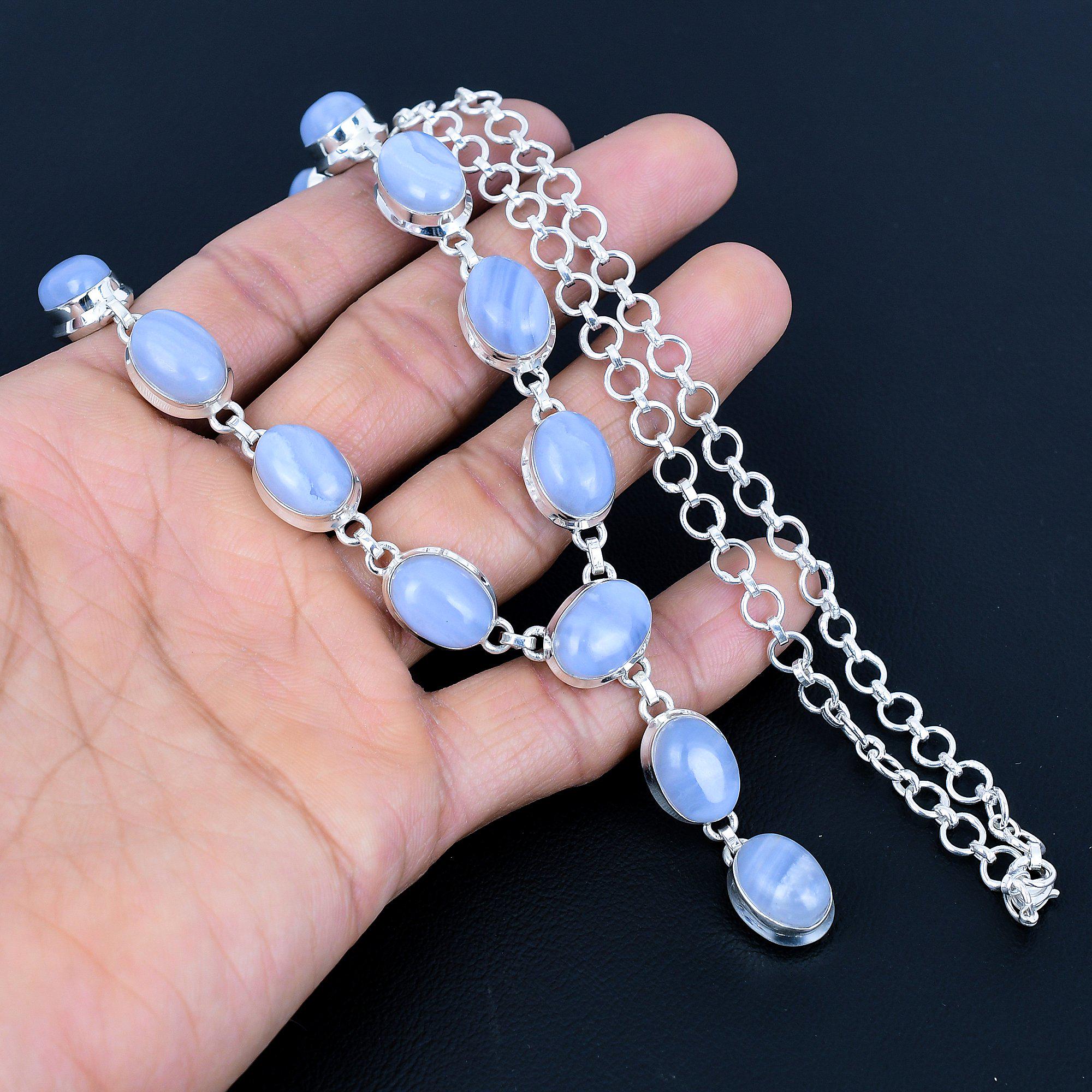 【匿名配送】agate レース調ネックレス ブルーレースアゲートネックレス：ハンドメイド925スターリング