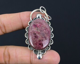 Handmade Rhodonite Pendant: Oval Gemstone, 925 Sterling Silver