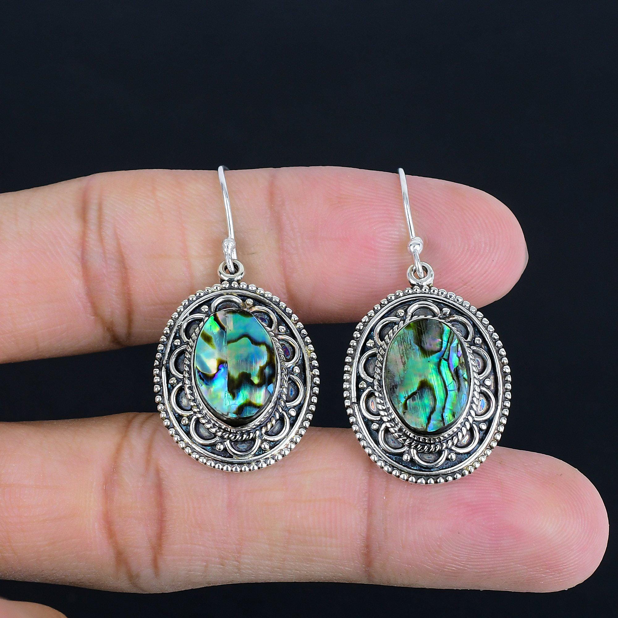 Brincos vintage de concha de abalone: joias artesanais de prata esterlina 925