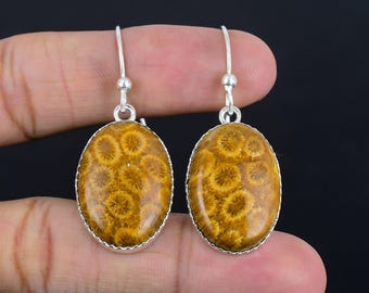 Fossil Coral Earrings: Handmade 925 Sterling Silver Drop Earrings