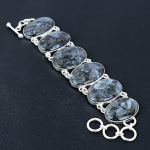 Larvikite Gemstone Bracelet: Handmade 925 Sterling Silver Adjustable Chain