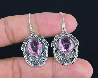 Brincos de Kunzita Rosa Facetada: Joia Vintage Feita à Mão em Prata de Lei 925