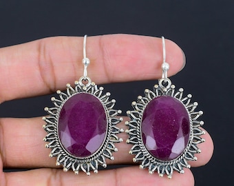 Boucles d'oreilles rubis du Cachemire à facettes : argent sterling 925 fait main