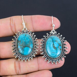 Handmade Tibetan Turquoise Earrings: 925 Sterling Silver Drop Jewelry