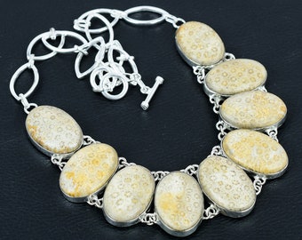 Handgemachte Fossil Coral 925 Sterling Silber Halskette - Verstellbare Kette