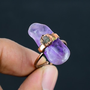 Star Amethyst Rough Ring Green Tourmaline Rough Ring Electroformed Copper Ring Gemstone Adjustable Ring Handmade Copper Jewelry Gift For Him