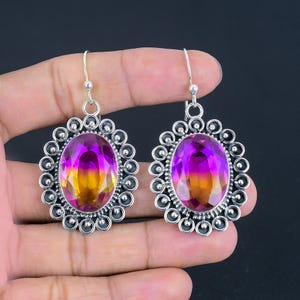 Faceted Ametrine Gemstone Dangle Earrings, 925 Sterling Silver, Handmade