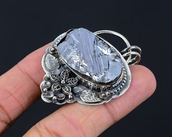 thumbnail image 2 of Natural Shungite Rough Gemstone Pendant – 925 Sterling Silver Handmade Flower Boho Jewelry 2 of 4