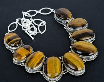 Vintage Tiger's Eye Necklace: Handmade 925 Sterling Silver, Adjustable
