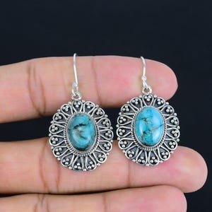 Tibetan Turquoise Earrings: Vintage 925 Sterling Silver Dangle Jewelry