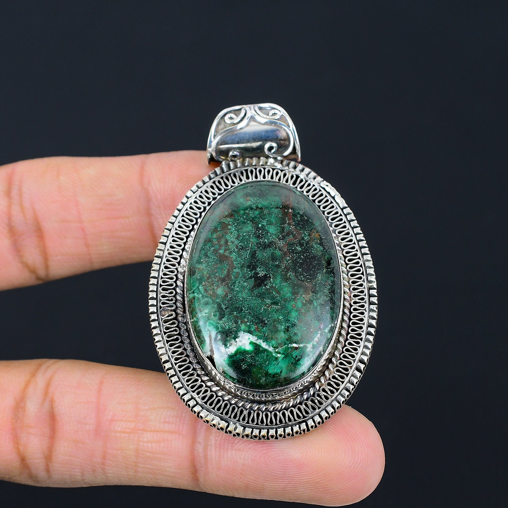 Collier En Argent 925 Avec Chrysocolle Et Phrenite - Pendentif Feuille - Vert - Marque Bimonia - Neuf Avec étiquettes