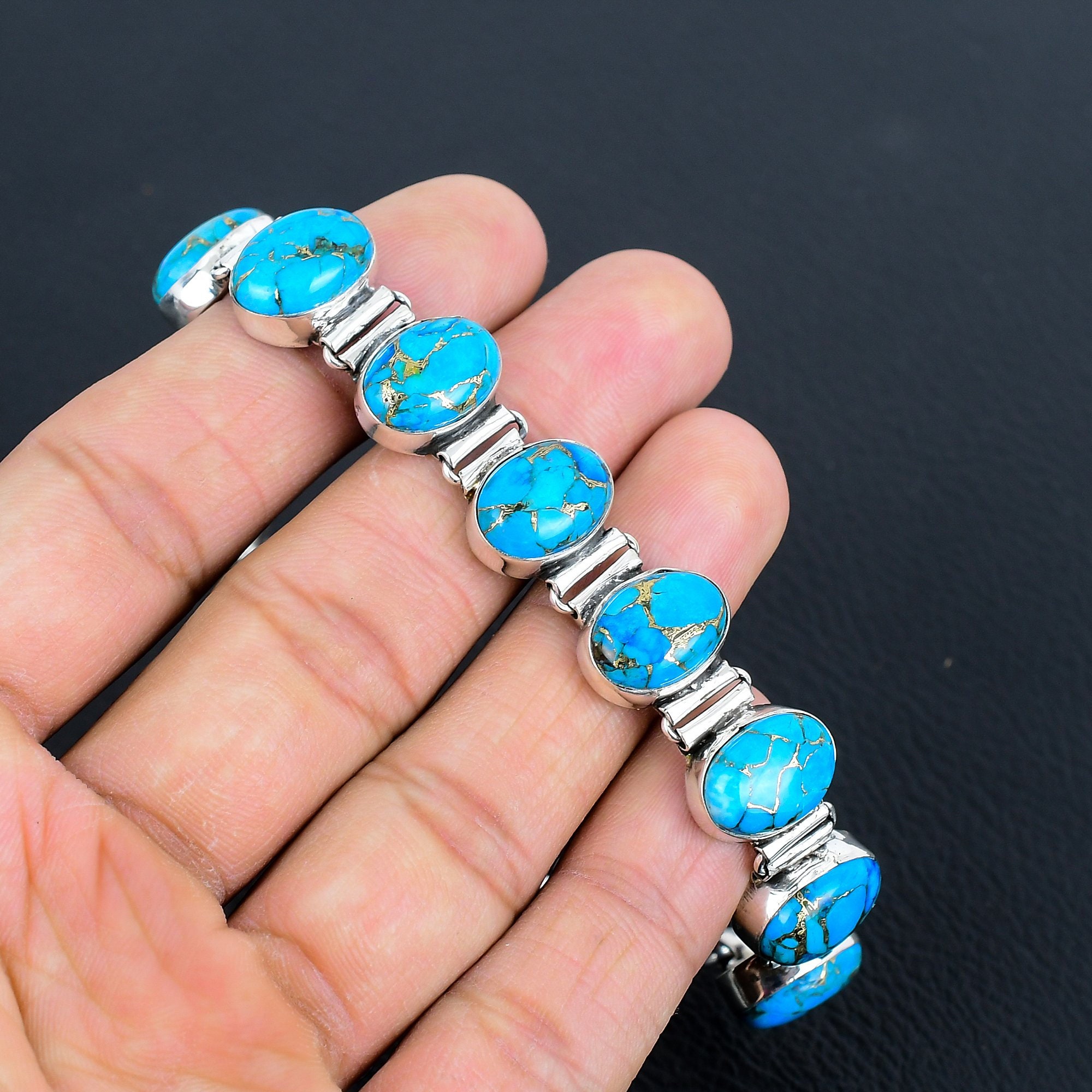 Copper Blue Turquoise Bracelet 925 Sterling Silver Bracelet