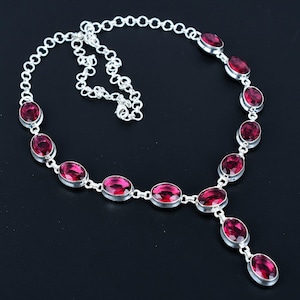 Faceted Rubellite Gemstone Necklace: Sterling Silver Adjustable Chain