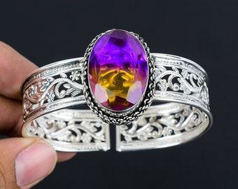 Faceted Ametrine Cuff Bracelet: Handmade 925 Sterling Silver Adjustable Bangle