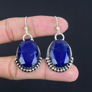 Faceted Blue Sapphire Earrings: Handmade 925 Sterling Silver Jewelry