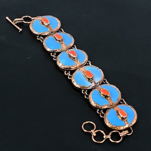 Sleeping Beauty Turquoise & Red Coral Copper Bracelet - Adjustable Gemstone Jewelry