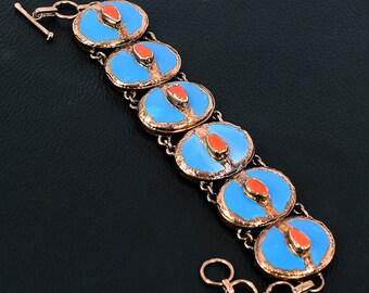 Dornröschen Türkis & rote Koralle Kupfer Armband - Einstellbarer Edelsteinschmuck