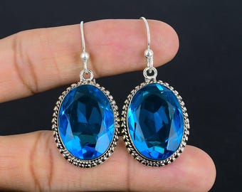 Faceted Swiss Blue Topaz Earrings: Handmade Sterling Silver Vintage Jewelry