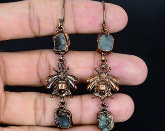 Handmade Labradorite & Copper Earrings, Honey Bee Electroformed Jewelry