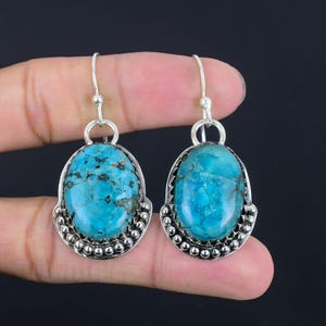 Tibetan Turquoise Dangle Earrings: Handmade 925 Sterling Silver Jewelry