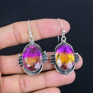 Handmade Faceted Ametrine Dangle Earrings: 925 Sterling Silver Jewelry