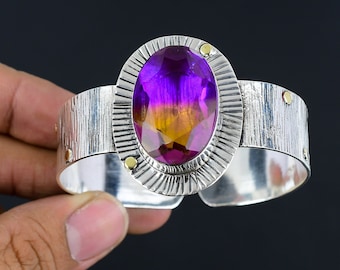 Faceted Ametrine Cuff Bracelet: Handmade 925 Sterling Silver Bangle