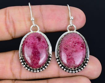Boucles d'oreilles faites main en rhodonite : bijoux en argent sterling 925 avec pierres précieuses