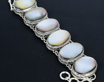 Handmade Mother of Pearl Bracelet: Vintage 925 Sterling Silver