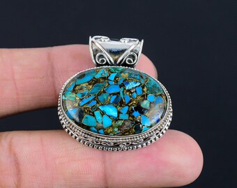 Handmade Sterling Silver Copper Chrysocolla Pendant: Vintage Gemstone Jewelry