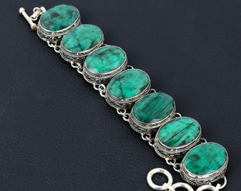 Armband med fasetterat zambiskt smaragd: Handgjord justerbar kedja i 925 sterlingsilver