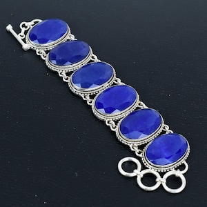 Faceted Blue Sapphire Bracelet: Handmade 925 Sterling Silver Vintage Gemstone