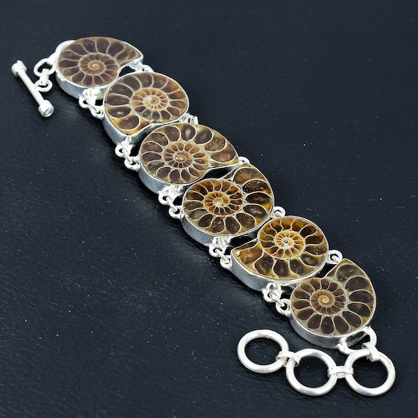 Ammonite Fossil Bracelet Bracelet en pierres précieuses naturelles Bracelet en argent sterling 925 Bracelet à chaîne réglable Bracelet fait main Cadeau d'anniversaire