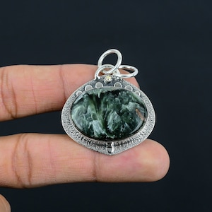 Handmade Seraphinite Gemstone Pendant: 925 Sterling Silver Jewelry
