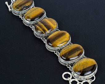 Vintage Handmade Tiger's Eye Bracelet: 925 Sterling Silver Adjustable Chain