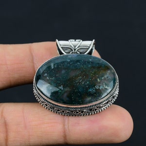 Vintage Moss Agate Pendant: Handmade 925 Sterling Silver Jewelry