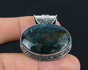 Vintage Moss Agate Pendant: Handmade 925 Sterling Silver Jewelry