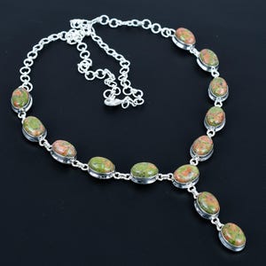 Handmade Unakite Gemstone Necklace: 925 Sterling Silver, Adjustable Chain