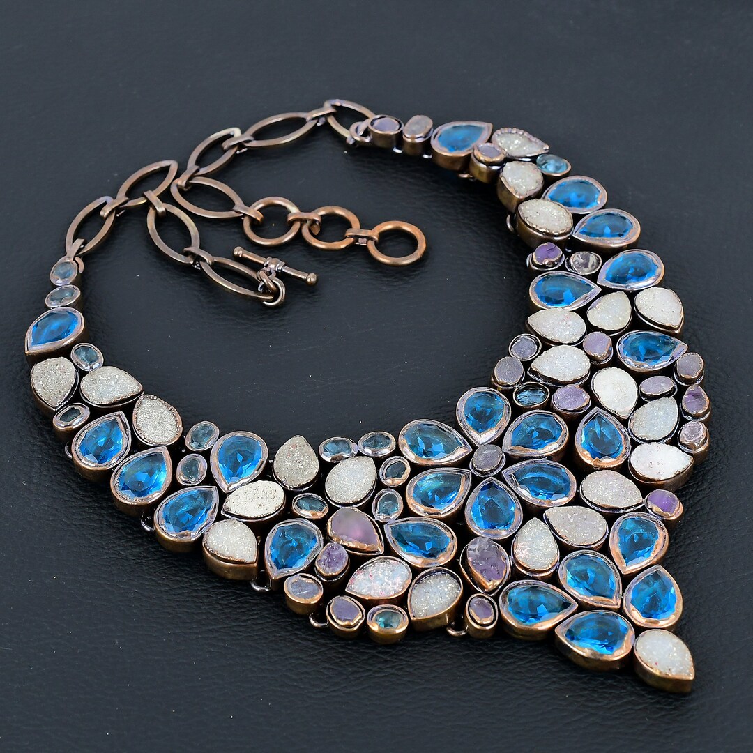 Copper Topaz Electroformed Copper Swiss Blue Topaz Necklace, Druzy Amethyst Gemstone ...