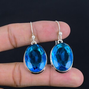 Handmade Faceted Swiss Blue Topaz Earrings: 925 Sterling Silver Dangle Jewelry