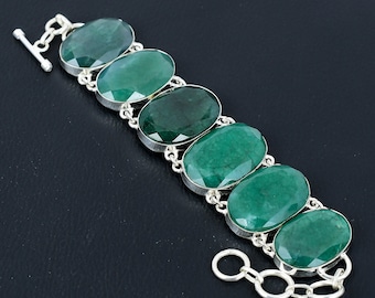 Faceted Zambian Emerald Bracelet Handmade Gemstone Bracelet 925 Sterling Silver Bracelet Adjustable Chain Bracelet Designer Jewelry For Gift