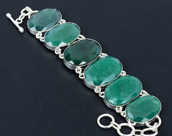 Handgjort fasetterat zambiskt smaragdarmband: Justerbar kedja i 925 sterlingsilver